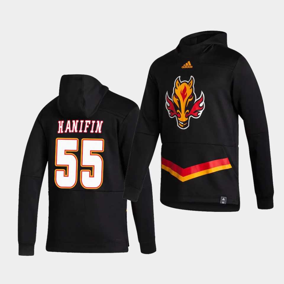 Men Calgary Flames 55 Hanifin Black NHL 2021 Adidas Pullover Hoodie Jersey